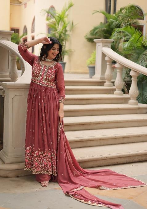 Coffee Sequin Work Georgette Anarkali Set
