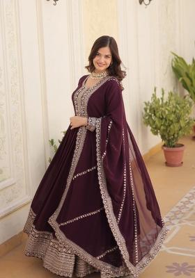 Wine Sequin Work Faux Blooming Anarkali With Dupatta