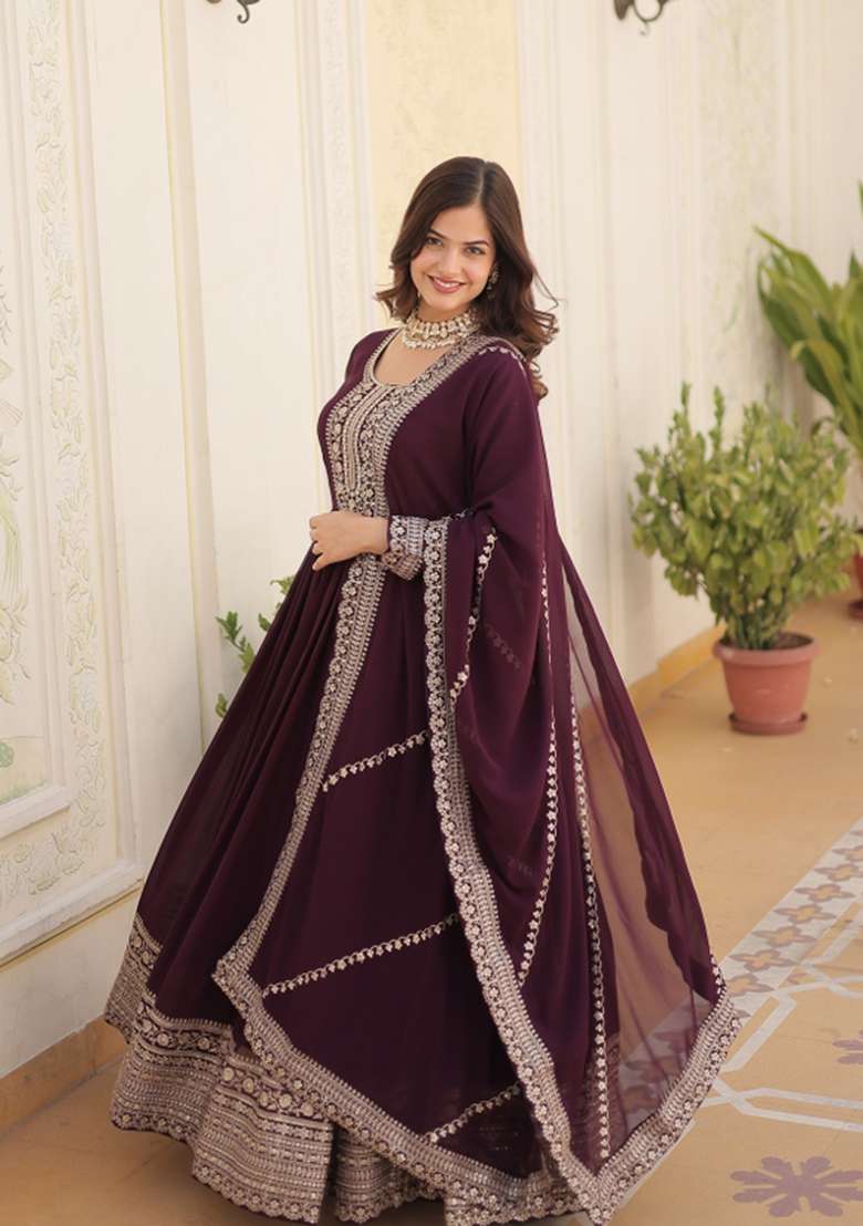 Wine Sequin Work Faux Blooming Anarkali With Dupatta - Indya