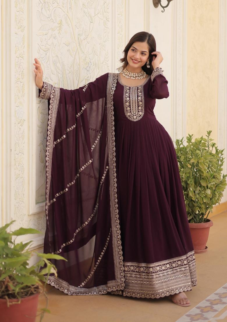 Wine Sequin Work Faux Blooming Anarkali With Dupatta - Indya