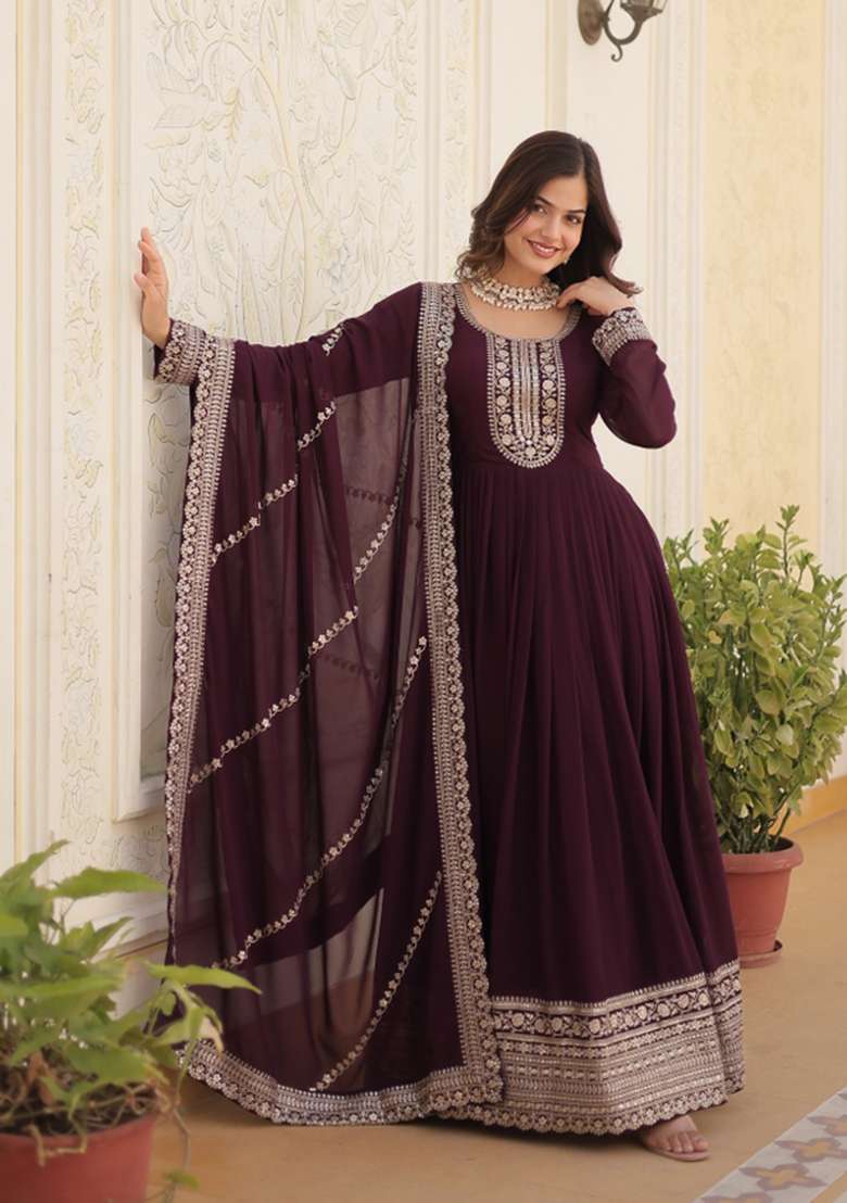 Wine Sequin Work Faux Blooming Anarkali With Dupatta - Indya