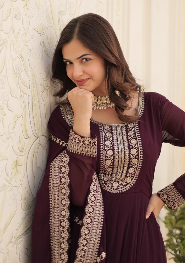 Wine Sequin Work Faux Blooming Anarkali With Dupatta - Indya