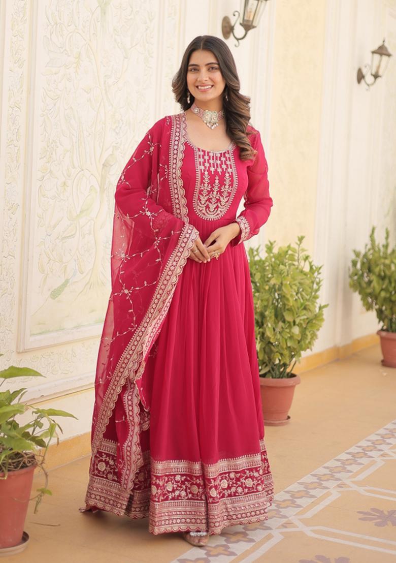 Pink Sequin Work Faux Blooming Anarkali With Dupatta - Indya