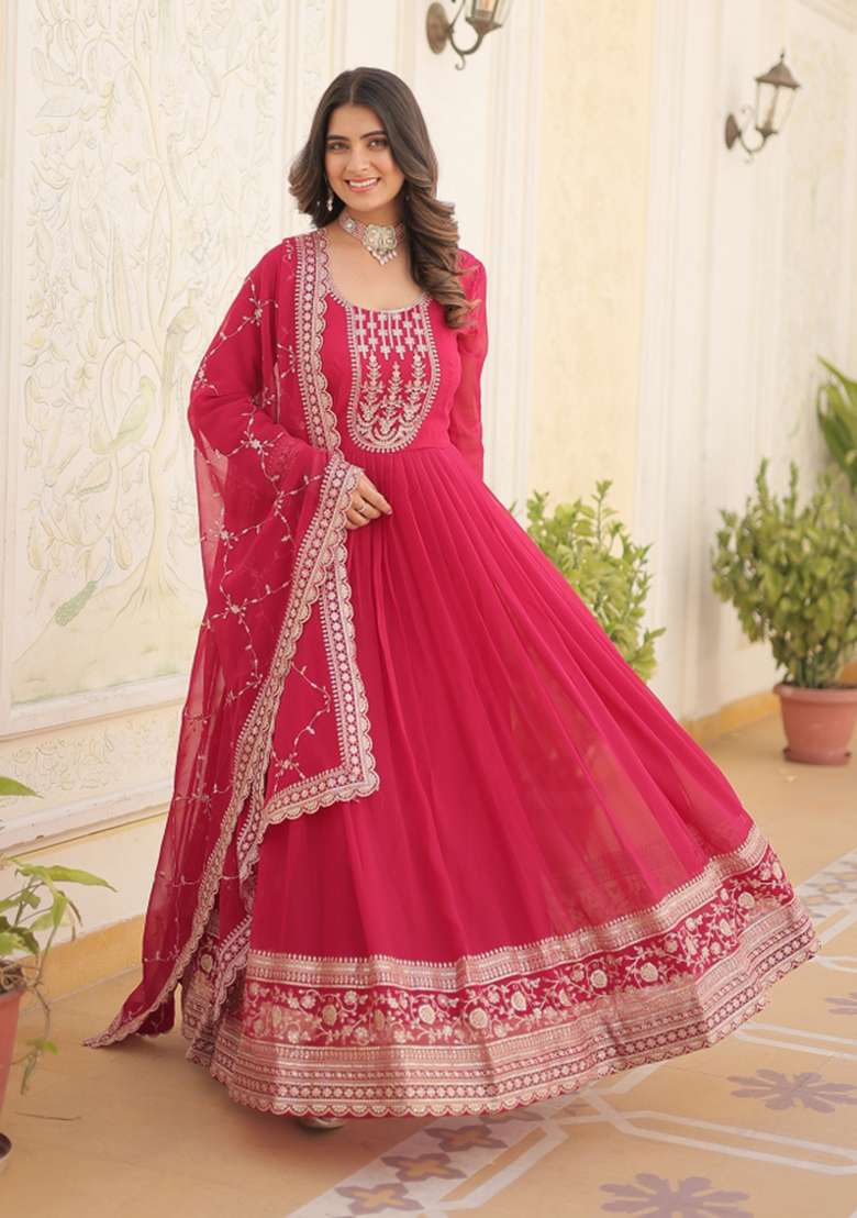 Pink Sequin Work Faux Blooming Anarkali With Dupatta - Indya