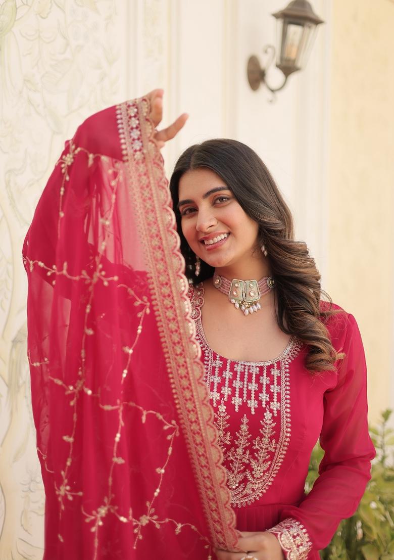 Pink Sequin Work Faux Blooming Anarkali With Dupatta - Indya