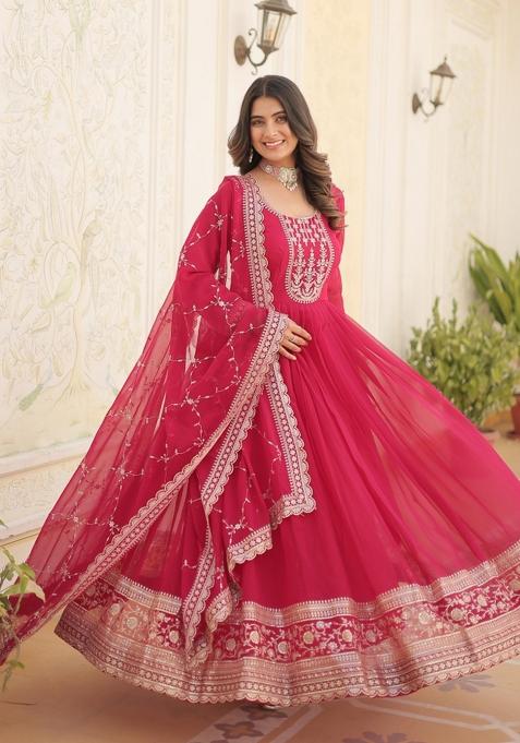 Pink Sequin Work Faux Blooming Anarkali With Dupatta