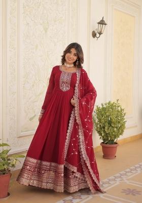 Maroon Sequin Work Faux Blooming Anarkali With Dupatta