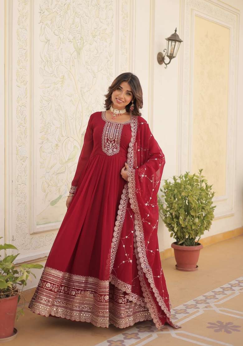 Maroon Sequin Work Faux Blooming Anarkali With Dupatta - Indya
