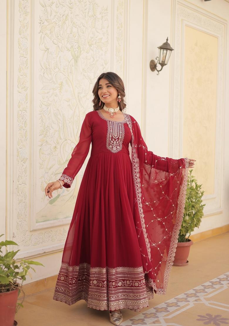 Maroon Sequin Work Faux Blooming Anarkali With Dupatta - Indya