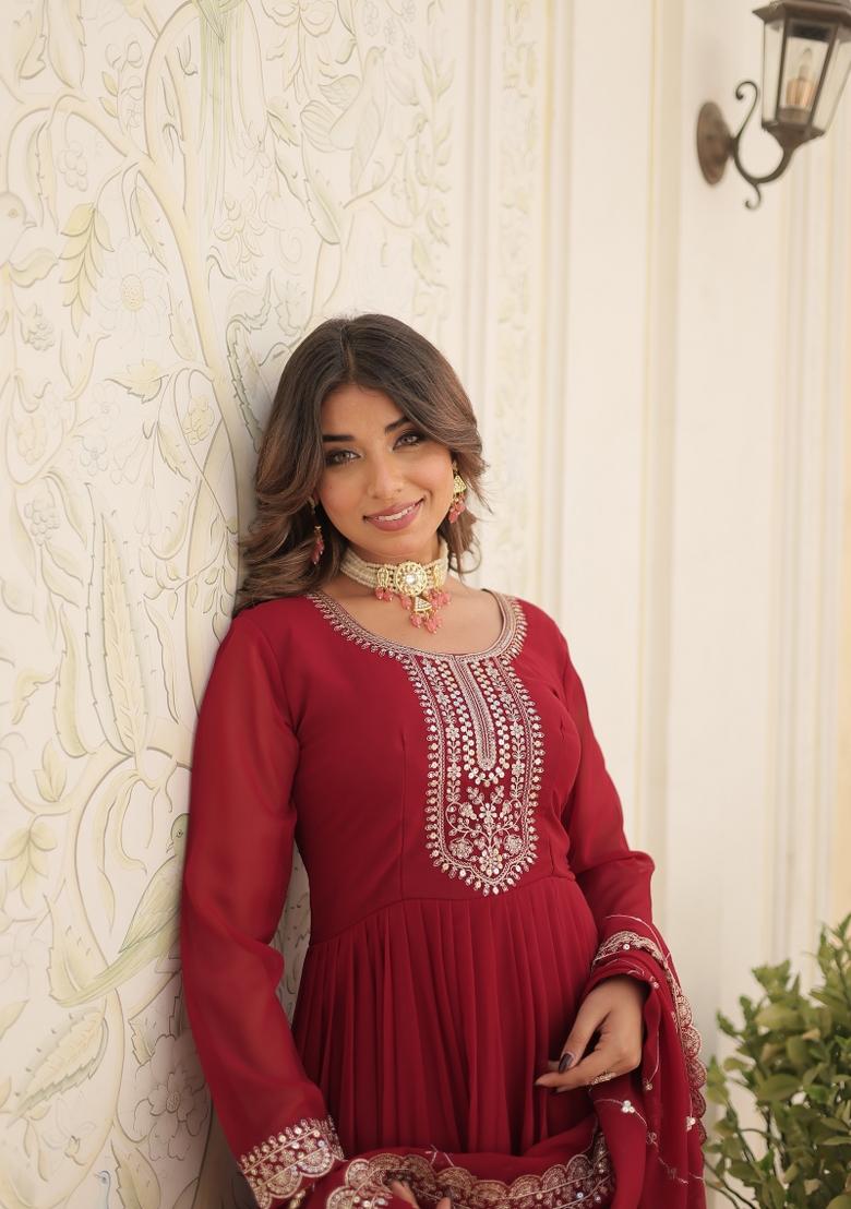 Maroon Sequin Work Faux Blooming Anarkali With Dupatta - Indya