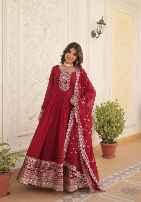 Maroon Sequin Work Faux Blooming Anarkali With Dupatta