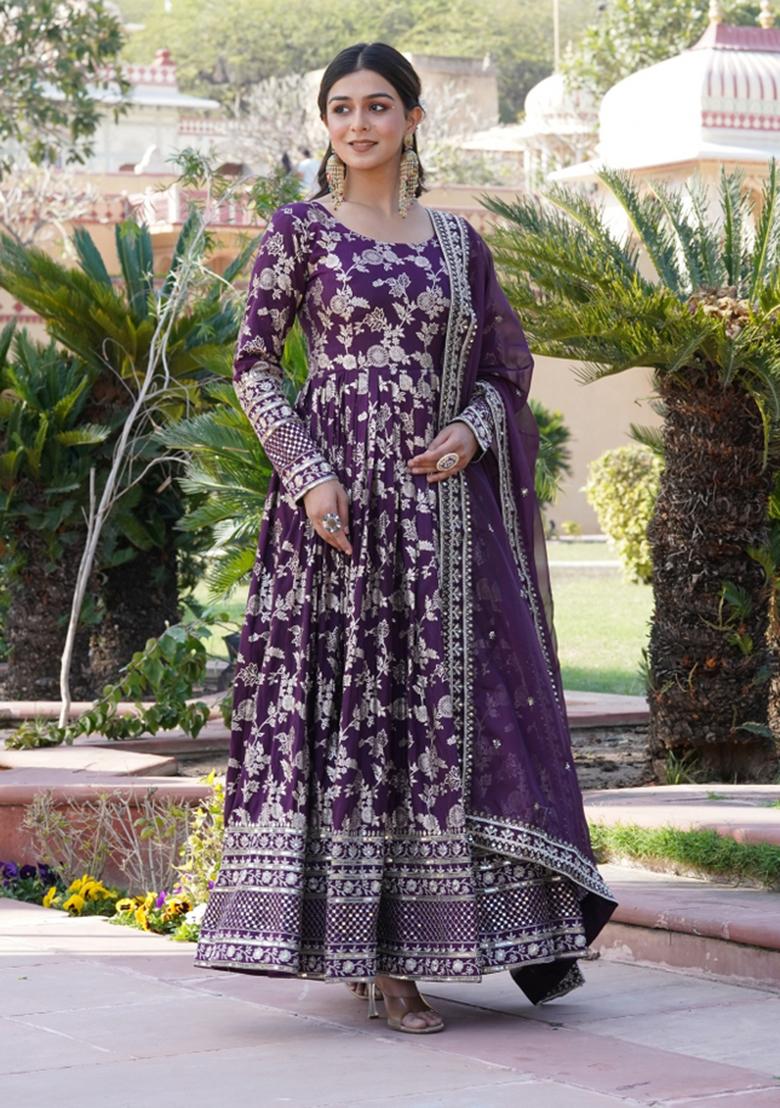 Wine Sequin Work Viscose Anarkali With Dupatta - Indya