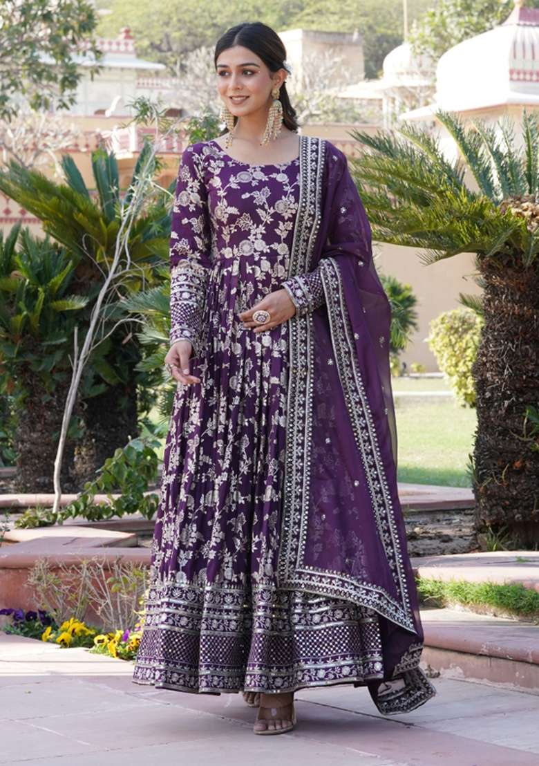 Wine Sequin Work Viscose Anarkali With Dupatta - Indya