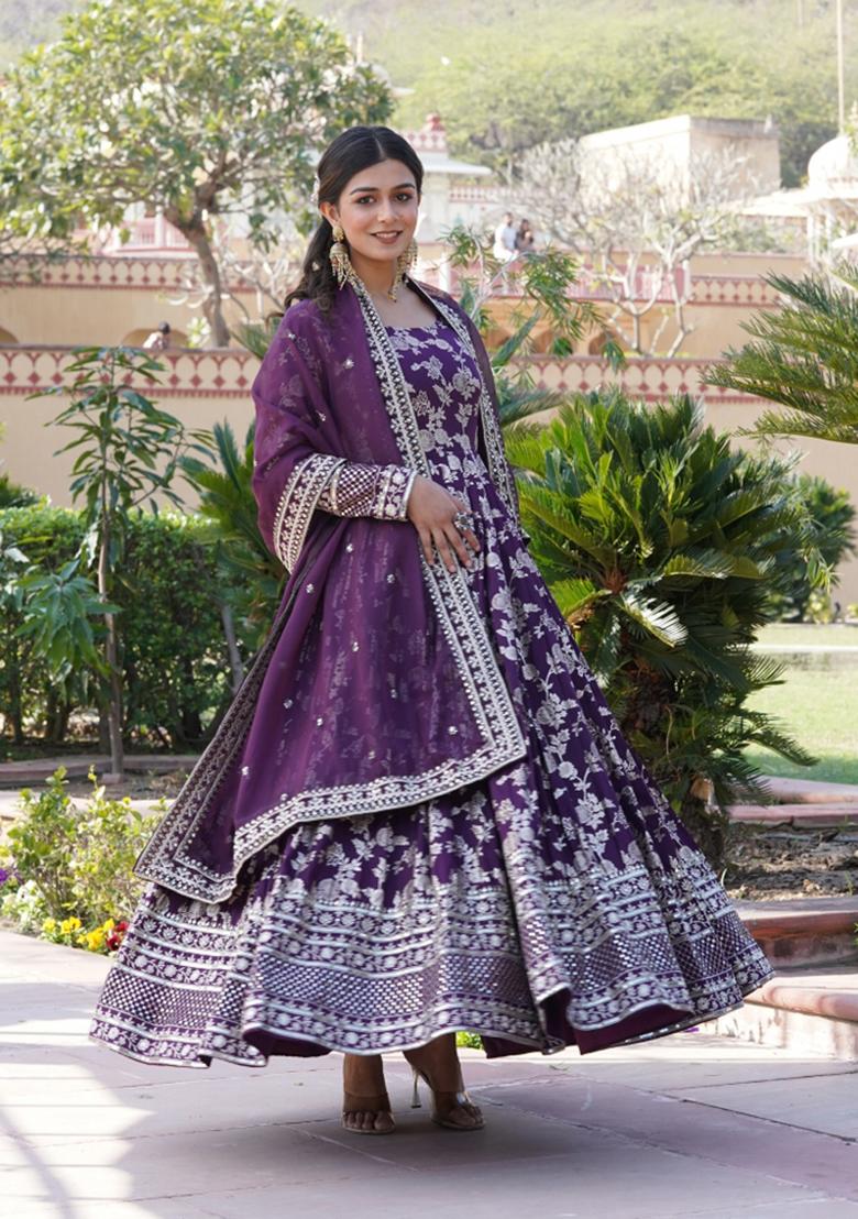 Wine Sequin Work Viscose Anarkali With Dupatta - Indya