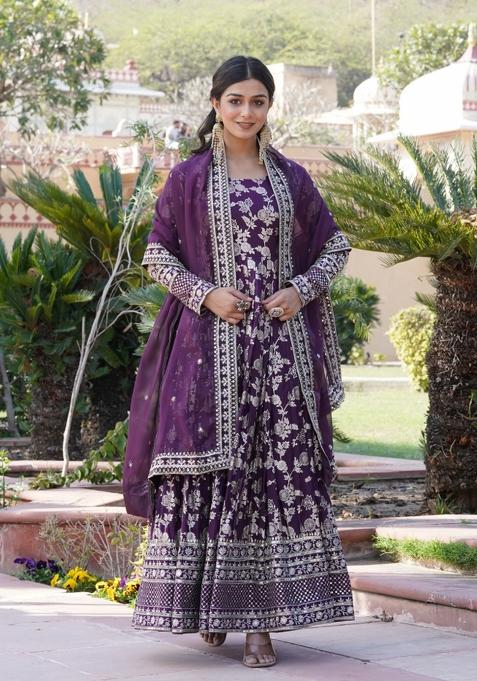 Wine Sequin Work Viscose Anarkali With Dupatta