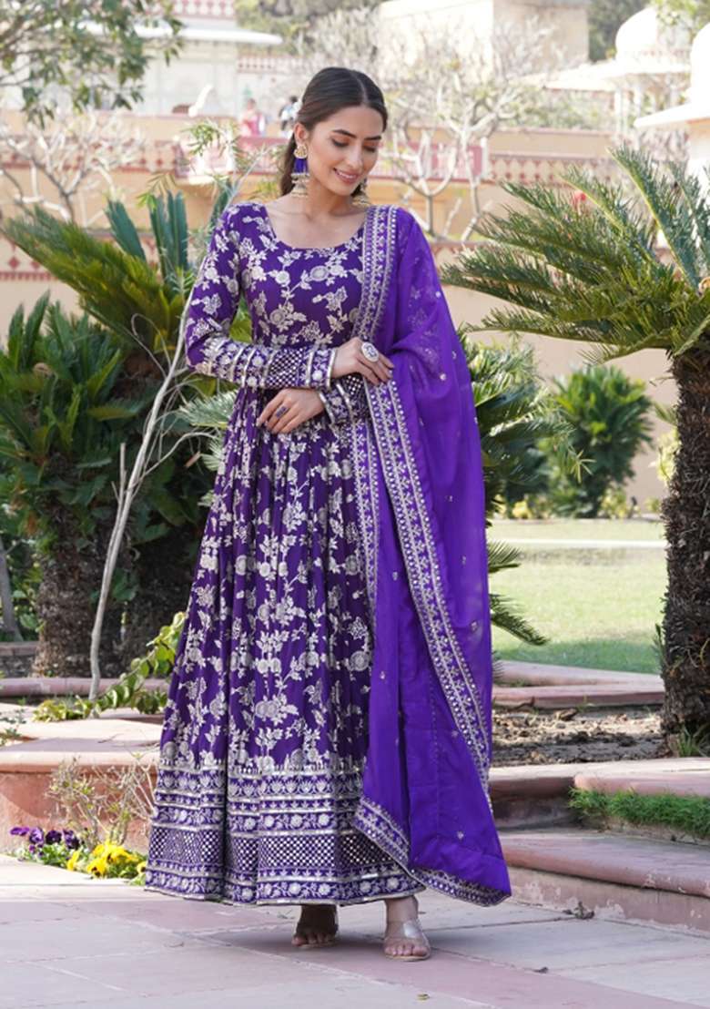 Purple Sequin Work Viscose Anarkali With Dupatta - Indya