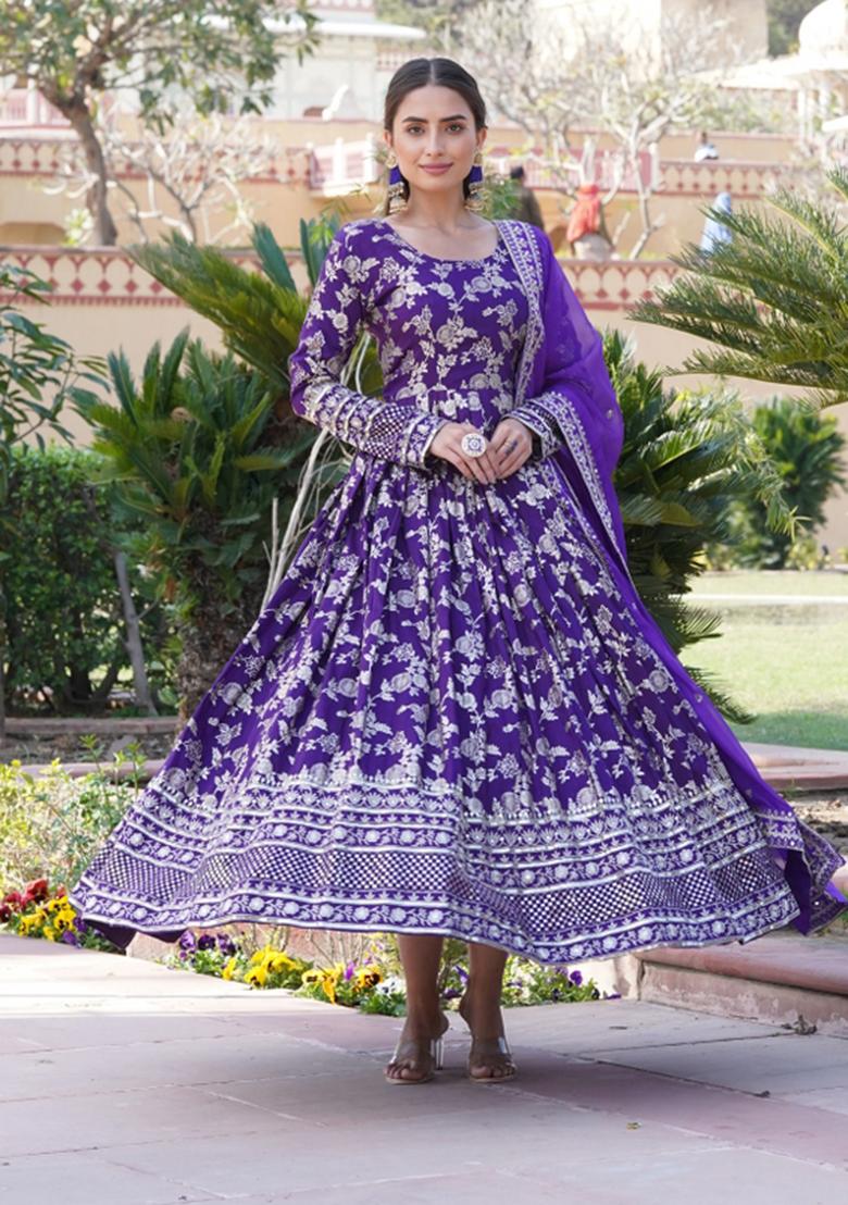 Purple Sequin Work Viscose Anarkali With Dupatta - Indya