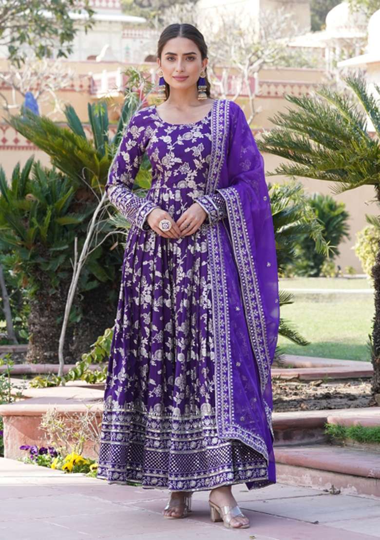 Purple Sequin Work Viscose Anarkali With Dupatta - Indya