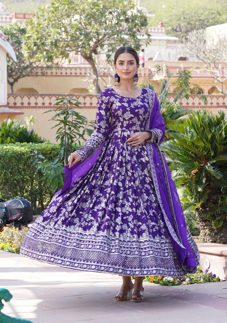 Purple Sequin Work Viscose Anarkali With Dupatta - Indya