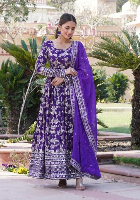 Purple Sequin Work Viscose Anarkali With Dupatta