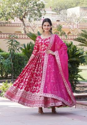 Pink Sequin Work Viscose Anarkali With Dupatta