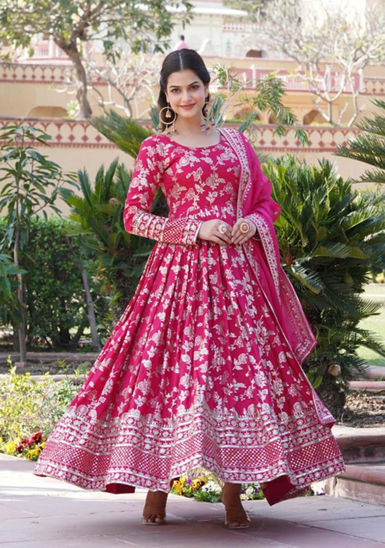 Pink Sequin Work Viscose Anarkali With Dupatta - Indya