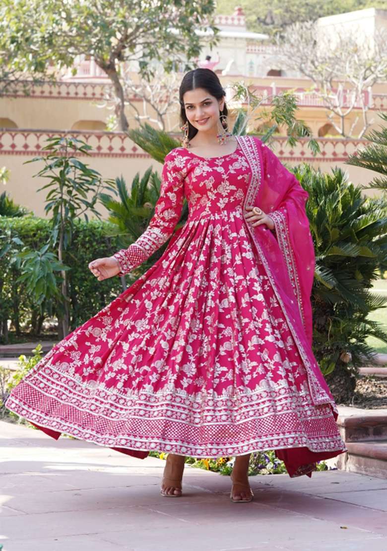 Pink Sequin Work Viscose Anarkali With Dupatta - Indya