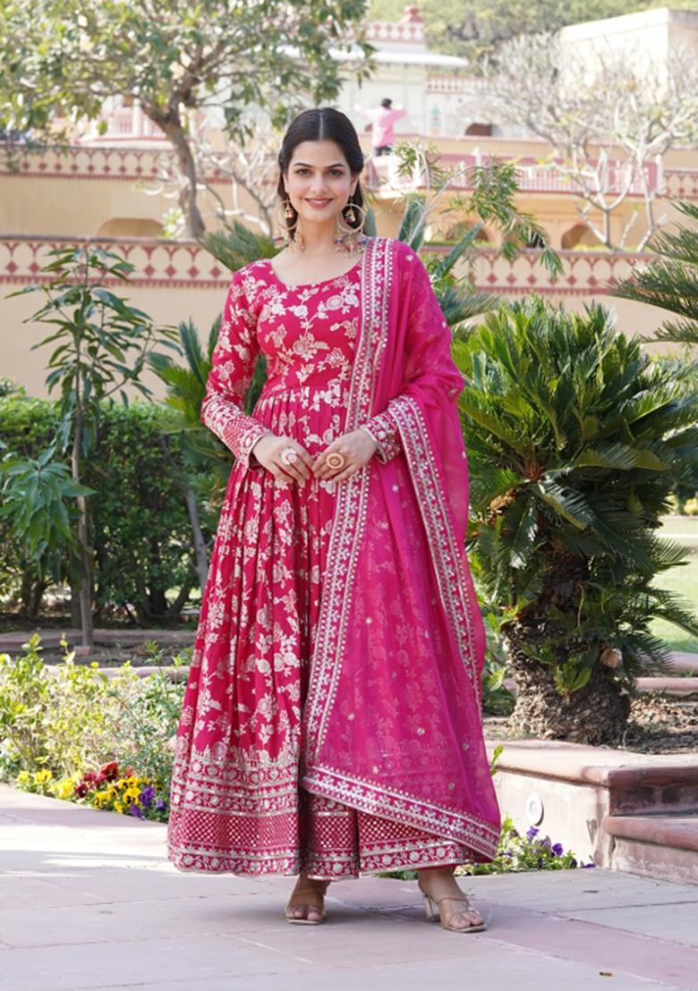 Pink Sequin Work Viscose Anarkali With Dupatta - Indya