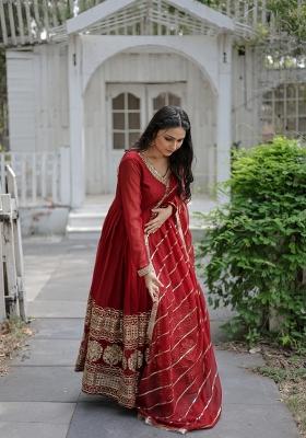 Maroon Sequin Work Faux Blooming Anarkali With Dupatta