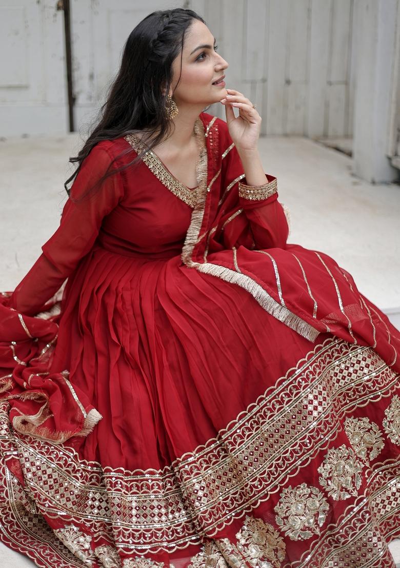 Maroon Sequin Work Faux Blooming Anarkali With Dupatta - Indya