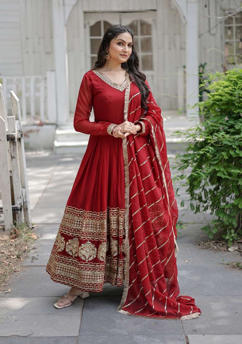 Maroon Sequin Work Faux Blooming Anarkali With Dupatta - Indya