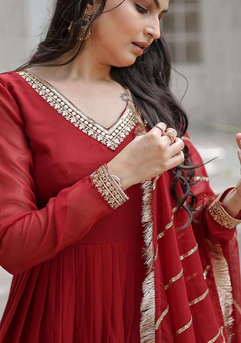 Maroon Sequin Work Faux Blooming Anarkali With Dupatta - Indya