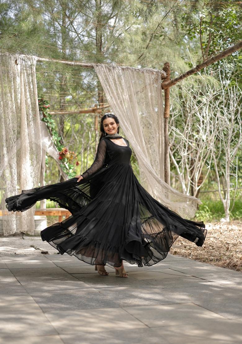 Black Georgette Anarkali With Dupatta - Indya