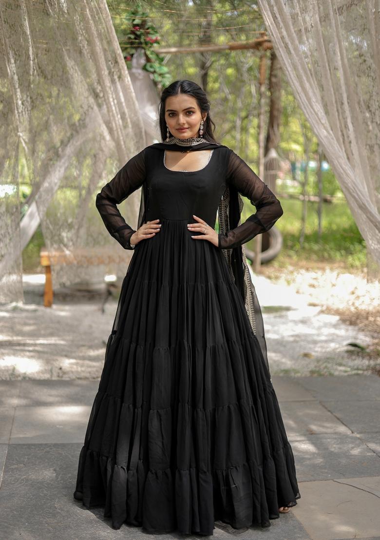 Black Georgette Anarkali With Dupatta - Indya