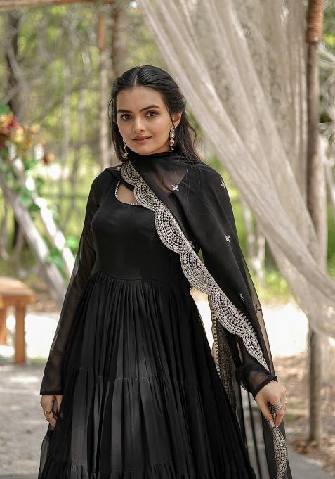 Black Georgette Anarkali With Dupatta