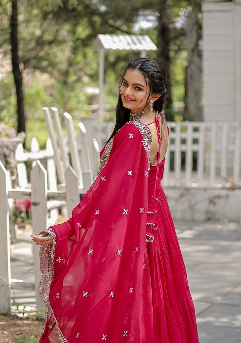 Pink Georgette Anarkali With Dupatta - Indya