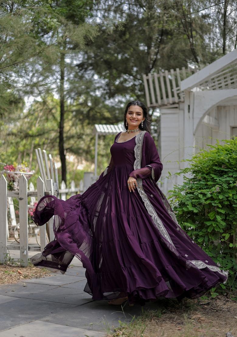 Wine Georgette Anarkali With Dupatta - Indya