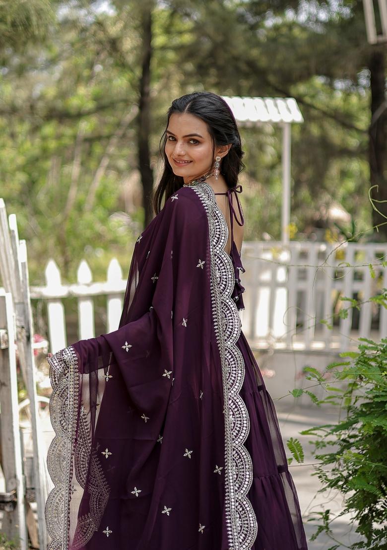 Wine Georgette Anarkali With Dupatta - Indya
