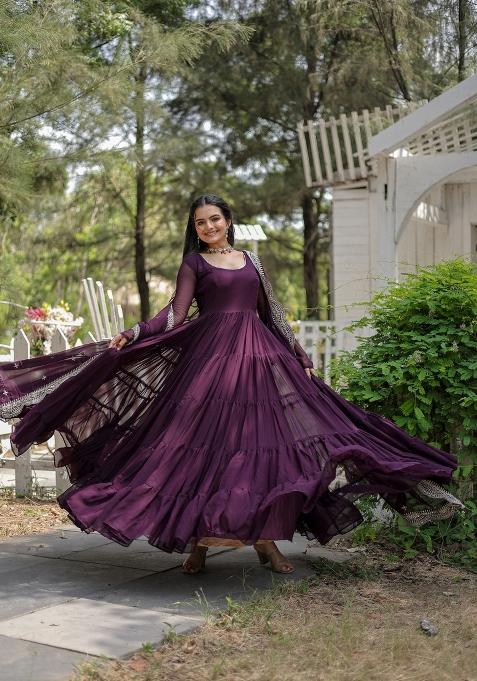 Wine Georgette Anarkali With Dupatta