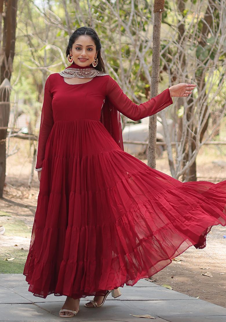 Maroon Georgette Anarkali With Dupatta - Indya