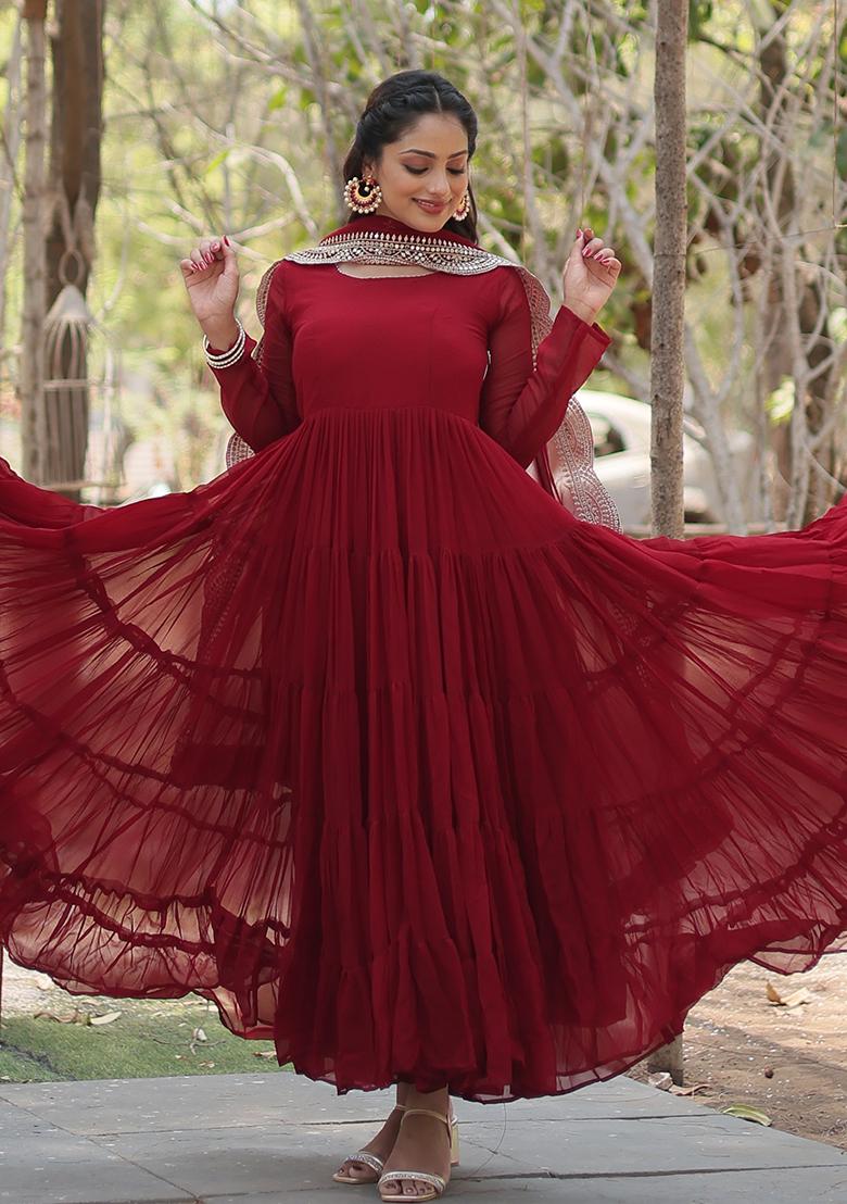 Maroon Georgette Anarkali With Dupatta - Indya
