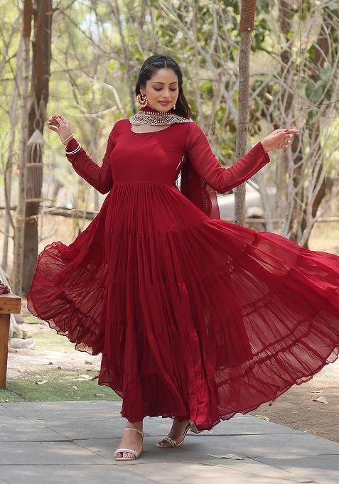 Maroon Georgette Anarkali With Dupatta