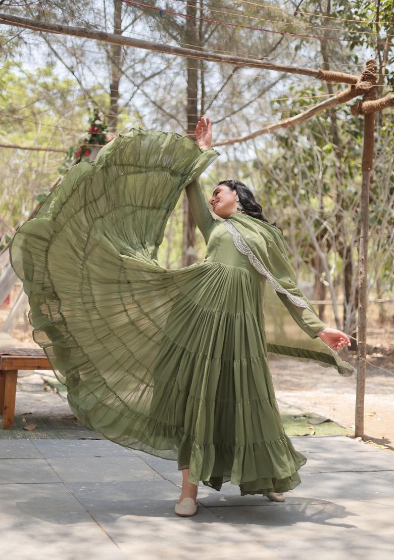 Mehendi Georgette Anarkali With Dupatta - Indya