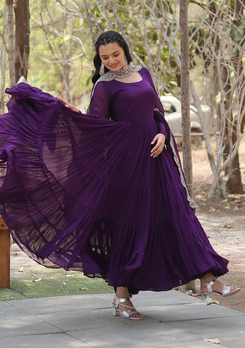 Purple Georgette Anarkali With Dupatta - Indya