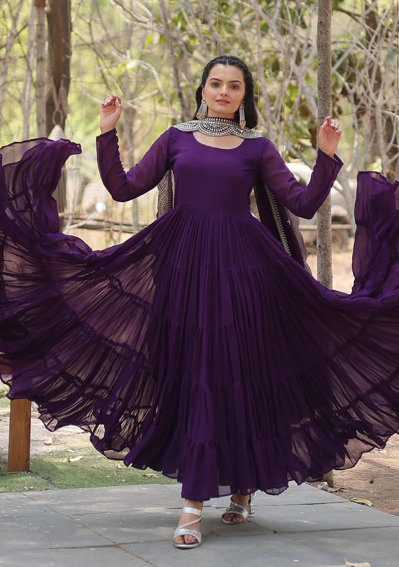 Purple Georgette Anarkali With Dupatta - Indya