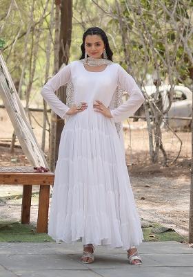 White Georgette Anarkali With Dupatta