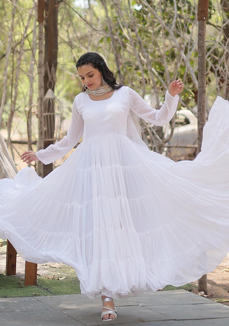 White Georgette Anarkali With Dupatta - Indya