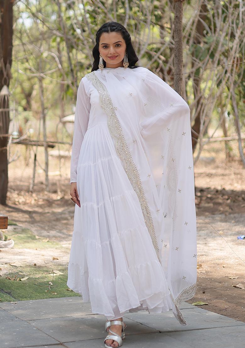 White Georgette Anarkali With Dupatta - Indya