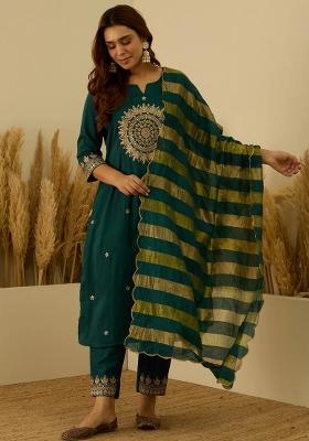 Teal Embroidered Silk Blend Kurta Set