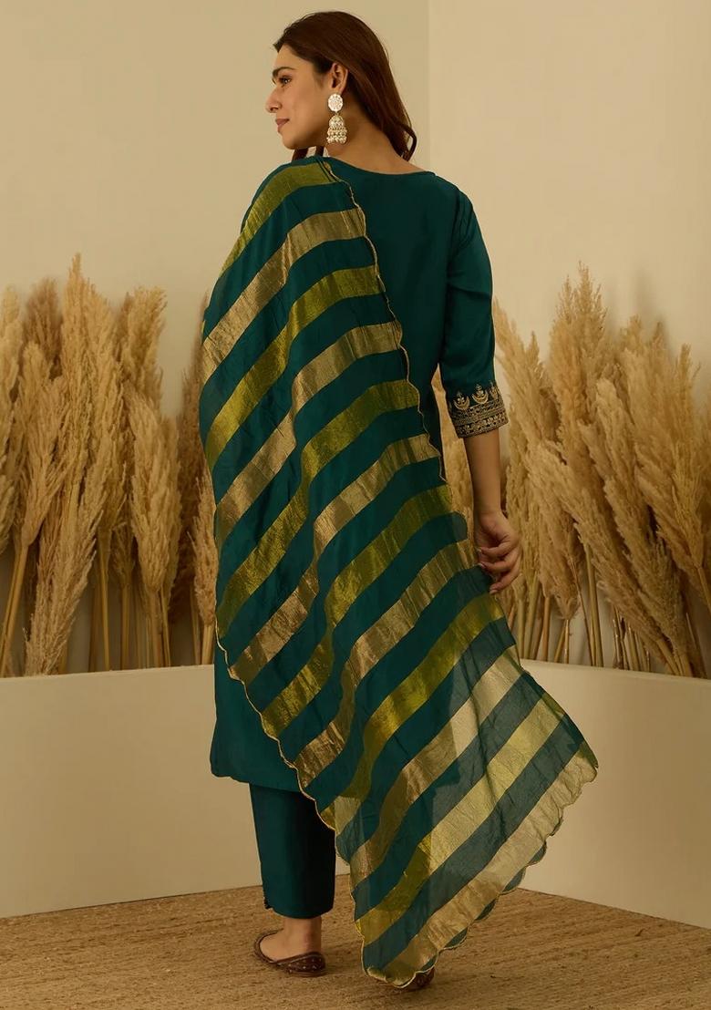 Teal Embroidered Silk Blend Kurta Set - Indya